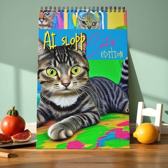 Vilt konstig ful kattkonst AI-slorv surrealistisk  Kalender (Wildly absurd, AI-generated cats in chaotic, colorful, and ironic situations. Perfectly messy!)