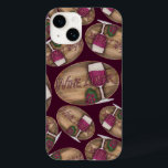 Vin Älskare om träoval<br><div class="desc">Vin Älskare,  skrivet i färg i vin,  ett glas vin som är mousserande mot en träskiva,  en löv för druvor av druvor av druvor av vin i ett sömlöst mönster. Mörkens lila - bakgrund</div>