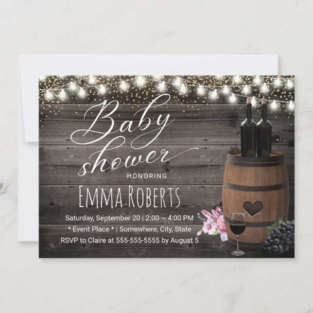 Vin Barrel Rustic String Light Barn Baby Shower Inbjudningar (Framsida)