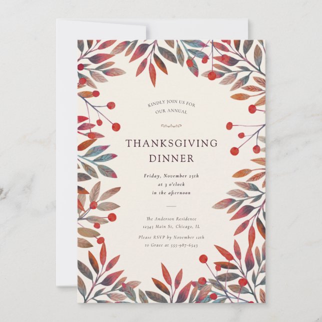 Vin Berries & Höst löv Thanksgiving Middag Inbjudningar (Framsida)