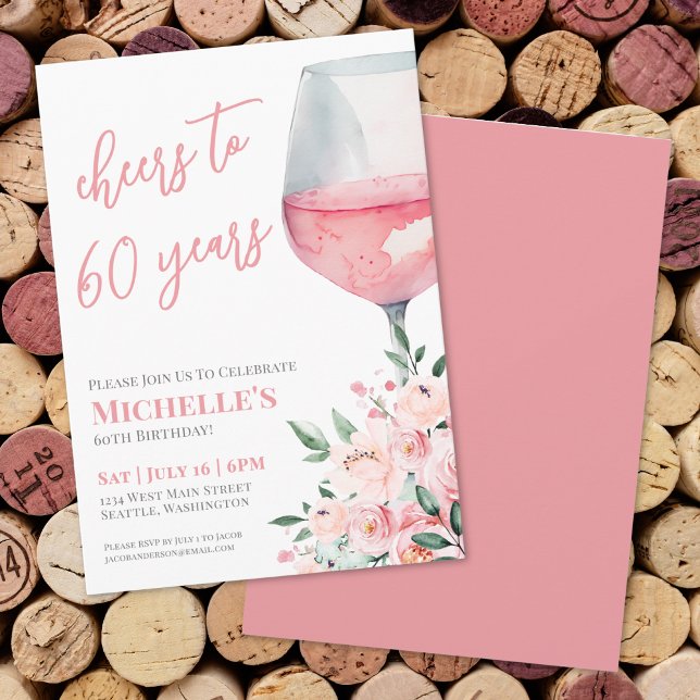 Vin Blommig Skål För 60 Års Födelsedagsfest Inbjudningar (Wine Floral Cheers To 60 Years Birthday Party Invitation)
