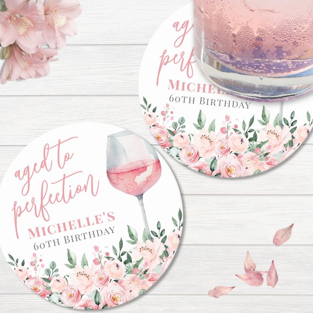 Vin Blommigt Födelsedagsfest Underlägg Papper Rund (Wine Floral Birthday Party Round Paper Coaster)
