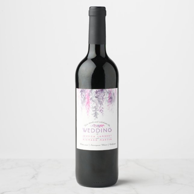 Vin blommigt vattenfärg indigo lila rosa bröllop vinflaska etikett (Framsida)