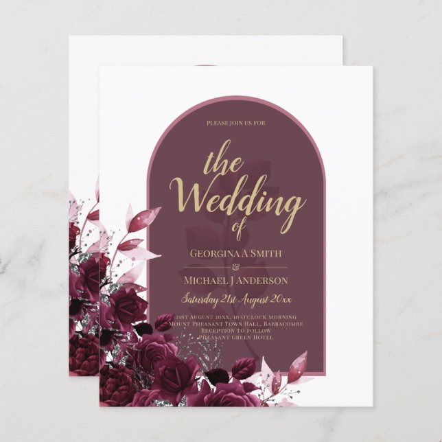 Vin Burgundy Ro Guld Text Bröllopsinvit (Fram/baksida)