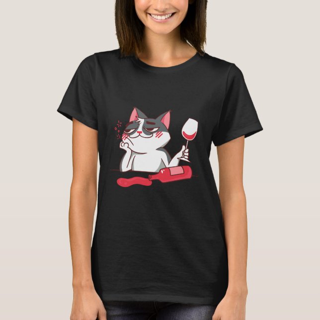Vin Cat Vin Glass Vin Flaska T Shirt (Framsida)