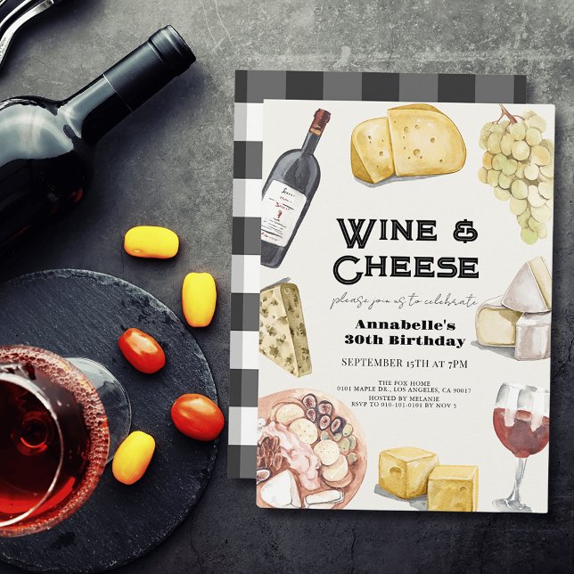 Vin & Cheese Charcuterie Gingham Vuxen Birthday Inbjudningar (Skapare uppladdad)