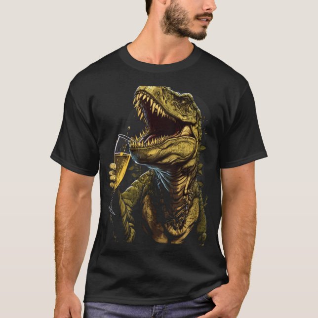 Vin Dinosaur T-Rex Drinking Vin Glass White Vin T Shirt (Framsida)