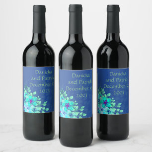 Vin-druvor, Personlig Blommor (blått) Vinflaska Etikett