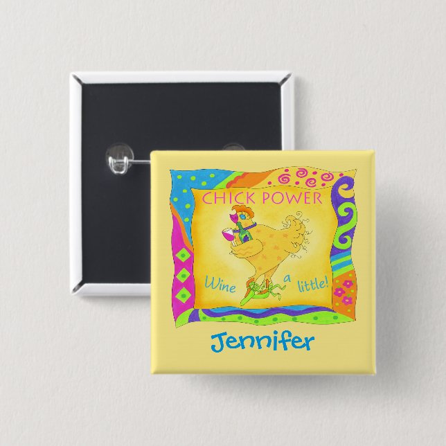 Vin en liten Gult Chick Power Namn Badge Knapp (Framsida & baksida)