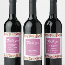Vin-etikett för rosa Blommigt bröllop Favors Vinflaska Etikett