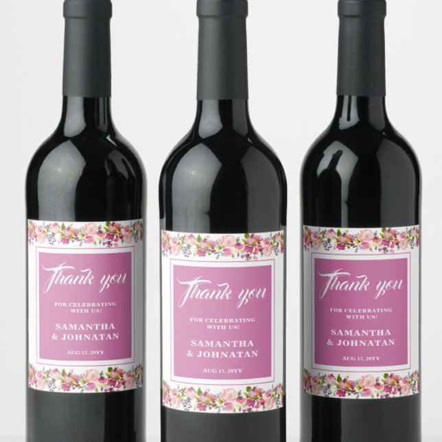 Vin-etikett för rosa Blommigt bröllop Favors Vinflaska Etikett (Skapare uppladdad)