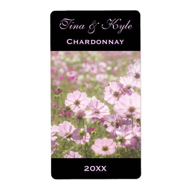 Vin-etikettmall Rosa Cosmos Flower Meadow Fraktsedel (Framsidan)