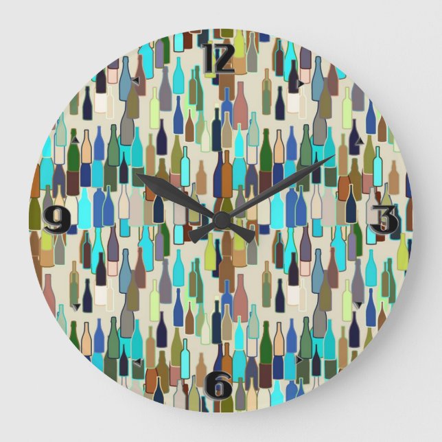 Vin flaskor, flera färg, beige bakgrund stor klocka (Framsida)