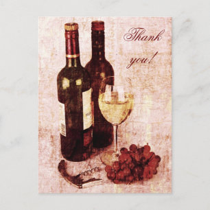 Vin flaskor, vin, glas och druvor vykort