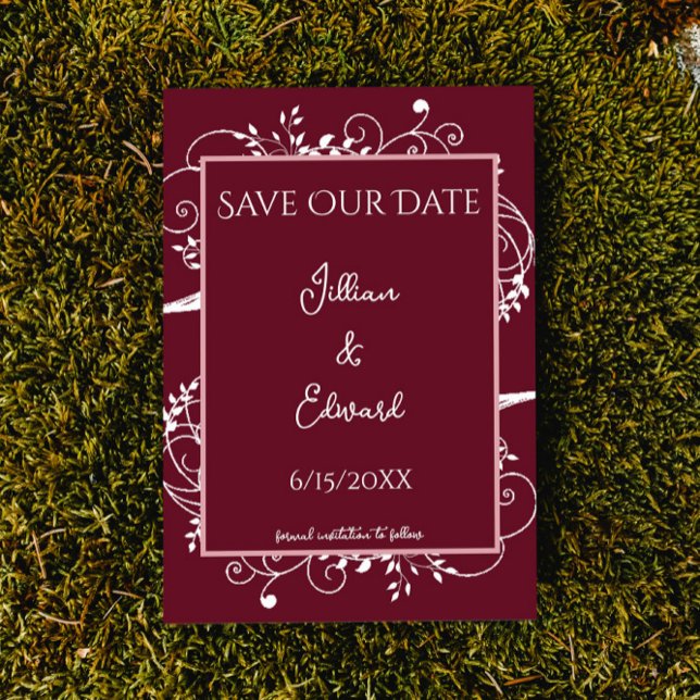 Vin Flourish Spara datum meddelande (Wine Red Flourish Save the Date Wedding Announcement)