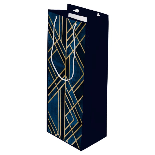 Vin Gift Bag - Art Deco Blue & Guld speglad (Framsidan Vinklad)