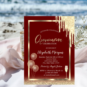 Vin Glas Ballonger Glitterdroppar Röd Quinceañera Inbjudningar