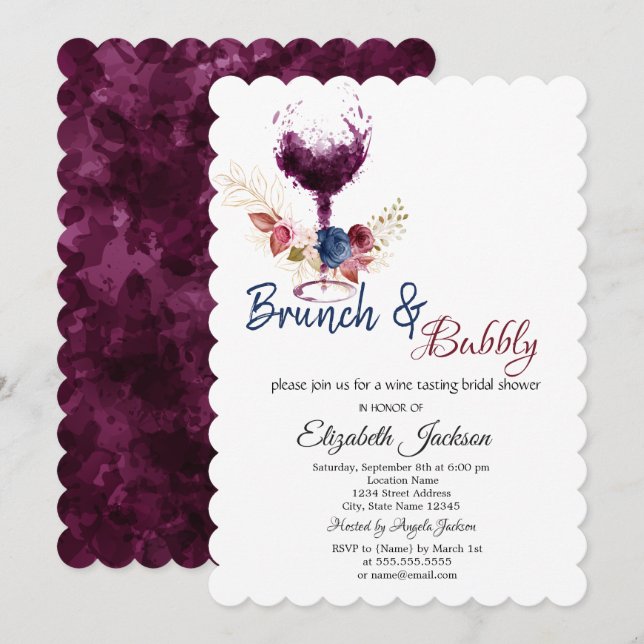 Vin Glas, Blommor Brunch & Bubbly Bröllopsdusch Inbjudningar (Fram/baksida)