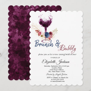 Vin Glas, Blommor Brunch & Bubbly Bröllopsdusch Inbjudningar