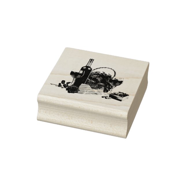 Vin glas, flaska, druvor, ost, röd ros stämpel (Stämpel)