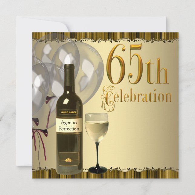 Vin Glas Flaska Guld 65-årsfirande Inbjudningar (Framsida)