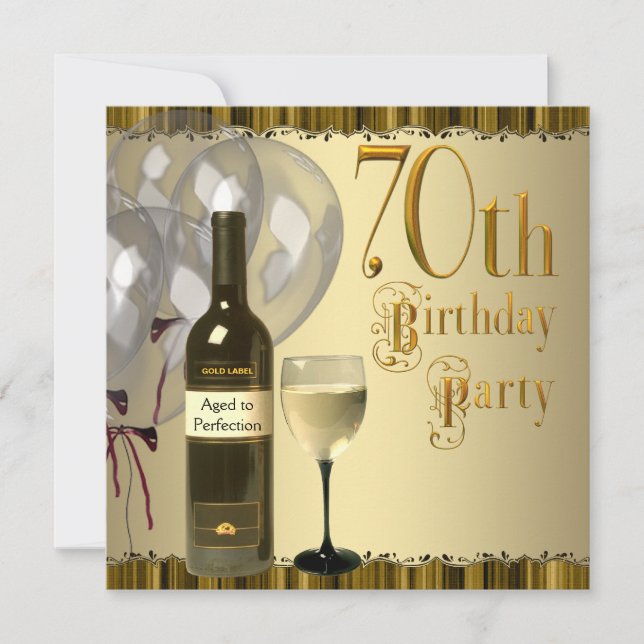 Vin Glas Flaska Guld 70-årsfest Inbjudningar (Framsida)