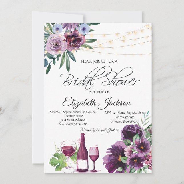 Vin Glas Ljusstakar Violetta Blommor Bröllopsfest Inbjudningar (Framsida)