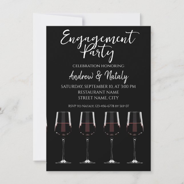 Vin-glas med rött vin på svart inbjudan (Framsida)