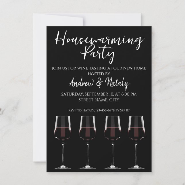 Vin-glas med rött vin på svart inbjudan (Framsida)