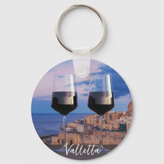 Vin-glas med tanke på solnedgången över Valletta Nyckelring (Framsida)