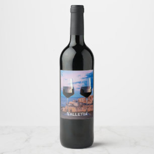 Vin-glas med tanke på solnedgången över Valletta Vinflaska Etikett