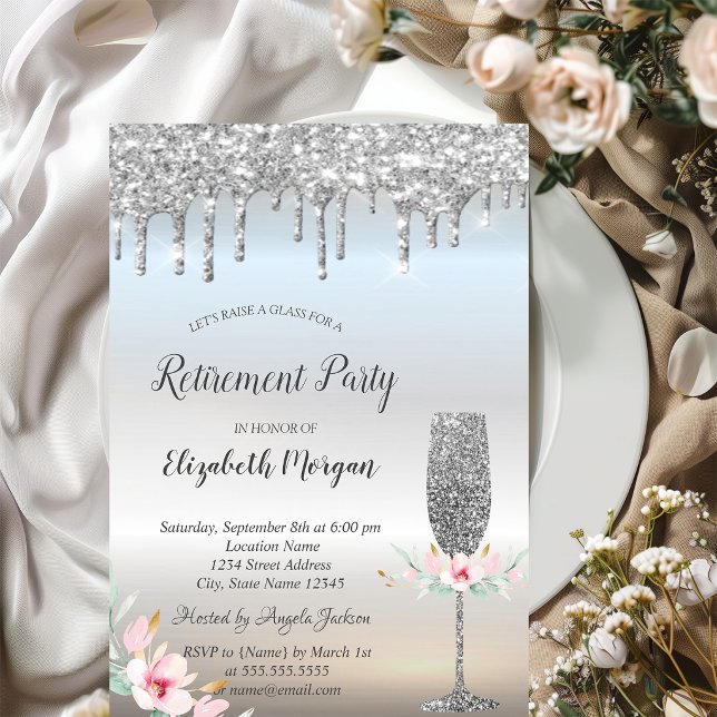 Vin Glas Silver Glitterdroppar Blommig Pension Inbjudningar (Skapare uppladdad)