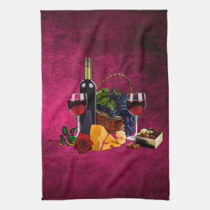 Vin glasögon, flaska, druvor, ost, chacolater kökshandduk