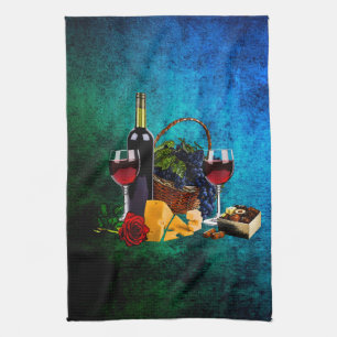 Vin glasögon, flaska, druvor, ost, choklad kökshandduk
