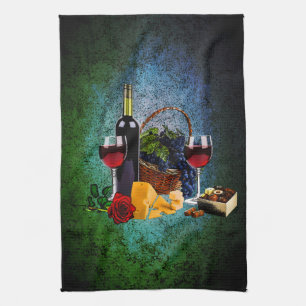 Vin glasögon, flaska, druvor, ost, choklad kökshandduk