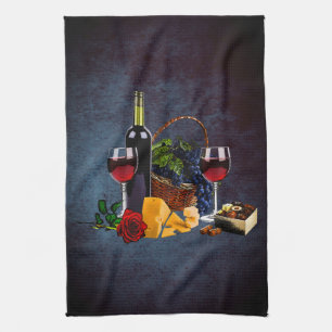 Vin glasögon, flaska, druvor, ost, choklad, N Kökshandduk