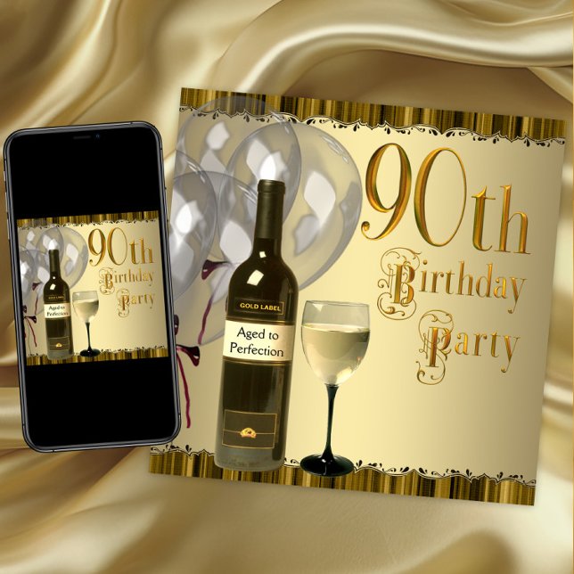 Vin Glass Flaska Guld 90:e Födelsedagsfest Inbjudningar (90th birthday party invitation. Instant download and printed invitations available.)