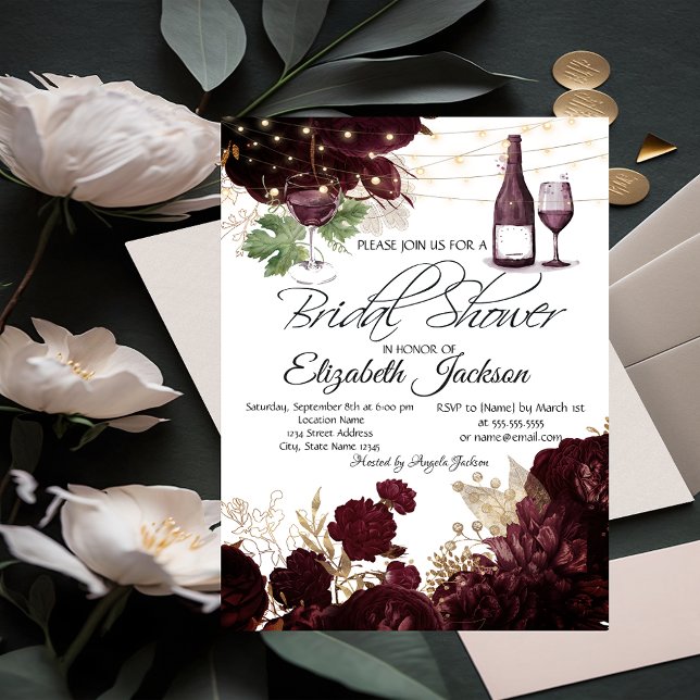 Vin Glass Ljus Burgundy Flowers Möhippa Inbjudningar (Skapare uppladdad)