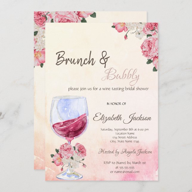 Vin Glass Ro Watercolor Möhippa Inbjudningar (Fram/baksida)