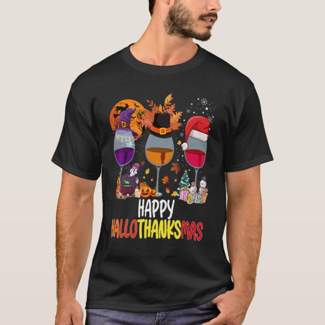 Vin Glass Thankgiving Lycklig Hallothanksmas 2 T Shirt (Framsida)