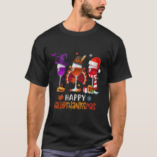Vin Glass Thankgiving Lycklig Hallothanksmas Vin T Shirt