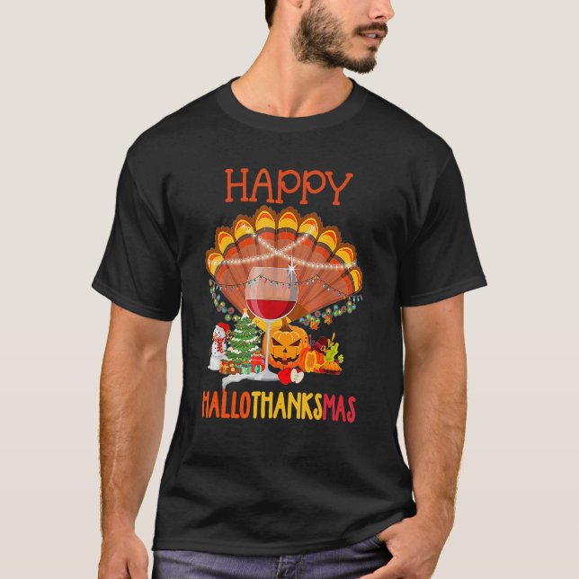 Vin Glass Thankgiving Vin Lycklig Hallothanksmas T Shirt (Framsida)