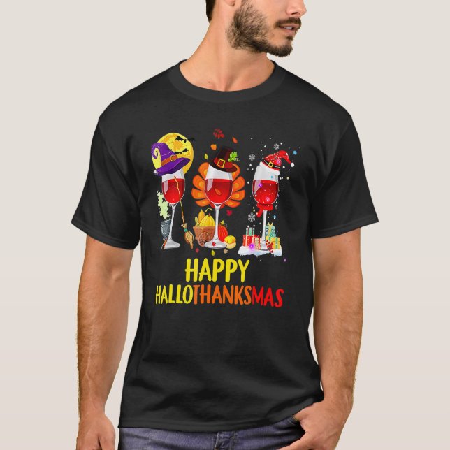 Vin Glass Thanksgiving Lycklig Hallothanksmas T Shirt (Framsida)
