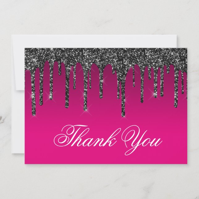 Vin Hot Pink Gradient Svart Glitter Dropp Tack Kort (Framsida)