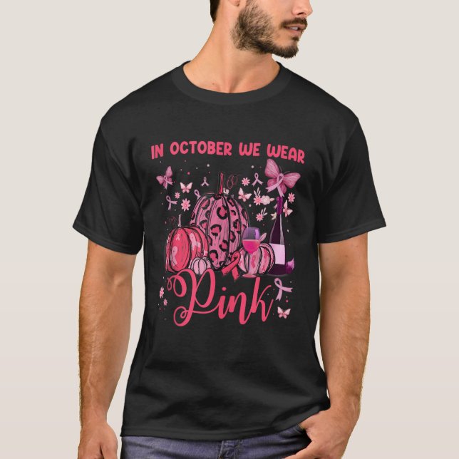 Vin i oktober Bäror vi Rosa Pumpkin Breast Cancer T Shirt (Framsida)
