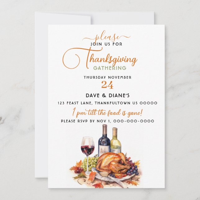 Vin & kalkon Thanksgiving-sammankomst  Inbjudningar (Framsida)