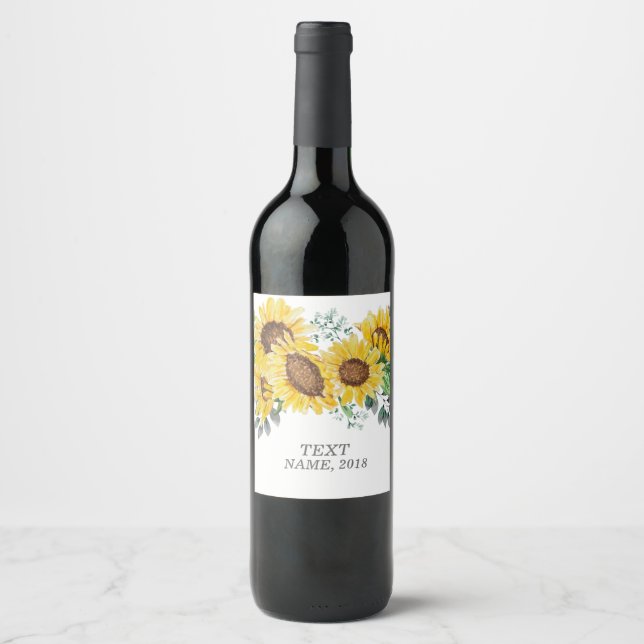 VIN LABEL - boho blommigt solros Vinflaska Etikett (Framsida)