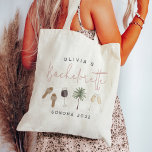 Vin Land Personlig Bachelorette Party Tygkasse<br><div class="desc">Få party att börja med dessa söta anpassningsbar som är lätta att anpassa för din bachelorette-fest, hönatt eller flickors helg! Konstruktionen Boho vin stil har delikata vattenfärgbilder av sandaler, ett träd, champagneglas och rött vin med dammiga dekortecken för rosa i ro. Anpassa med tre linjer anpassningsbar text som visas med...</div>