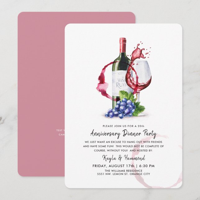 Vin & Middagsfirande Årsdag Röd Stil Inbjudningar (Fram/baksida)