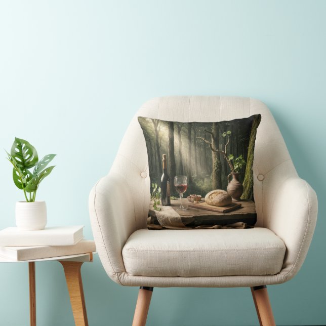 Vin och Bread Loaf på en skog Bord Kudde (Stol)